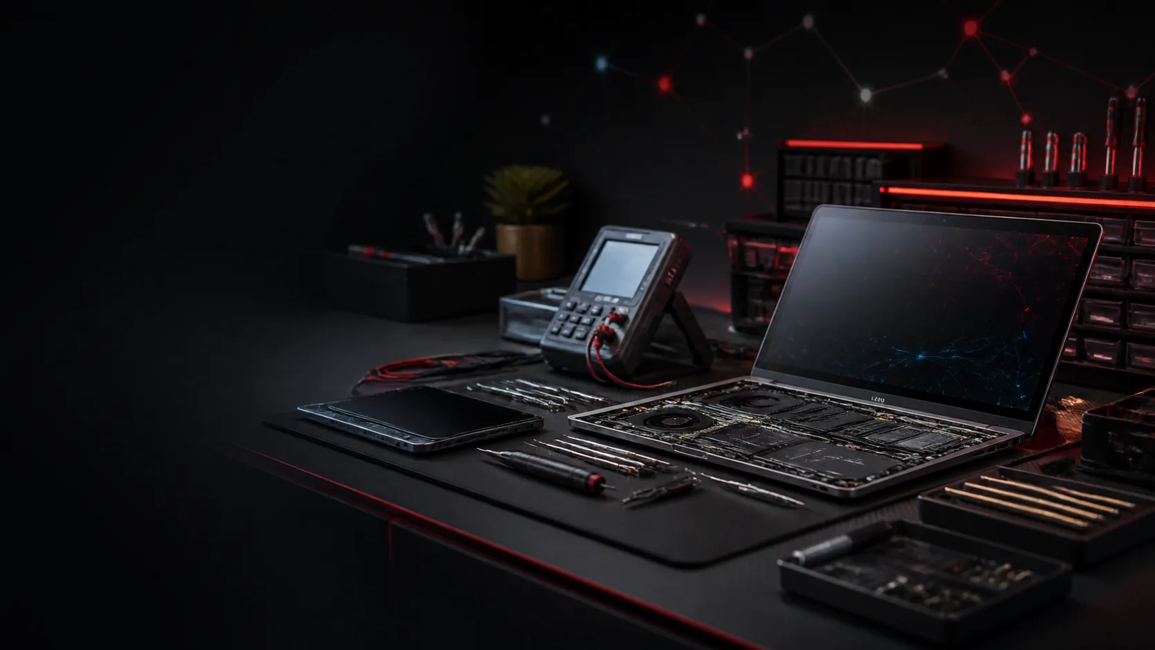 Professional electronics diagnostic workbench with an open laptop