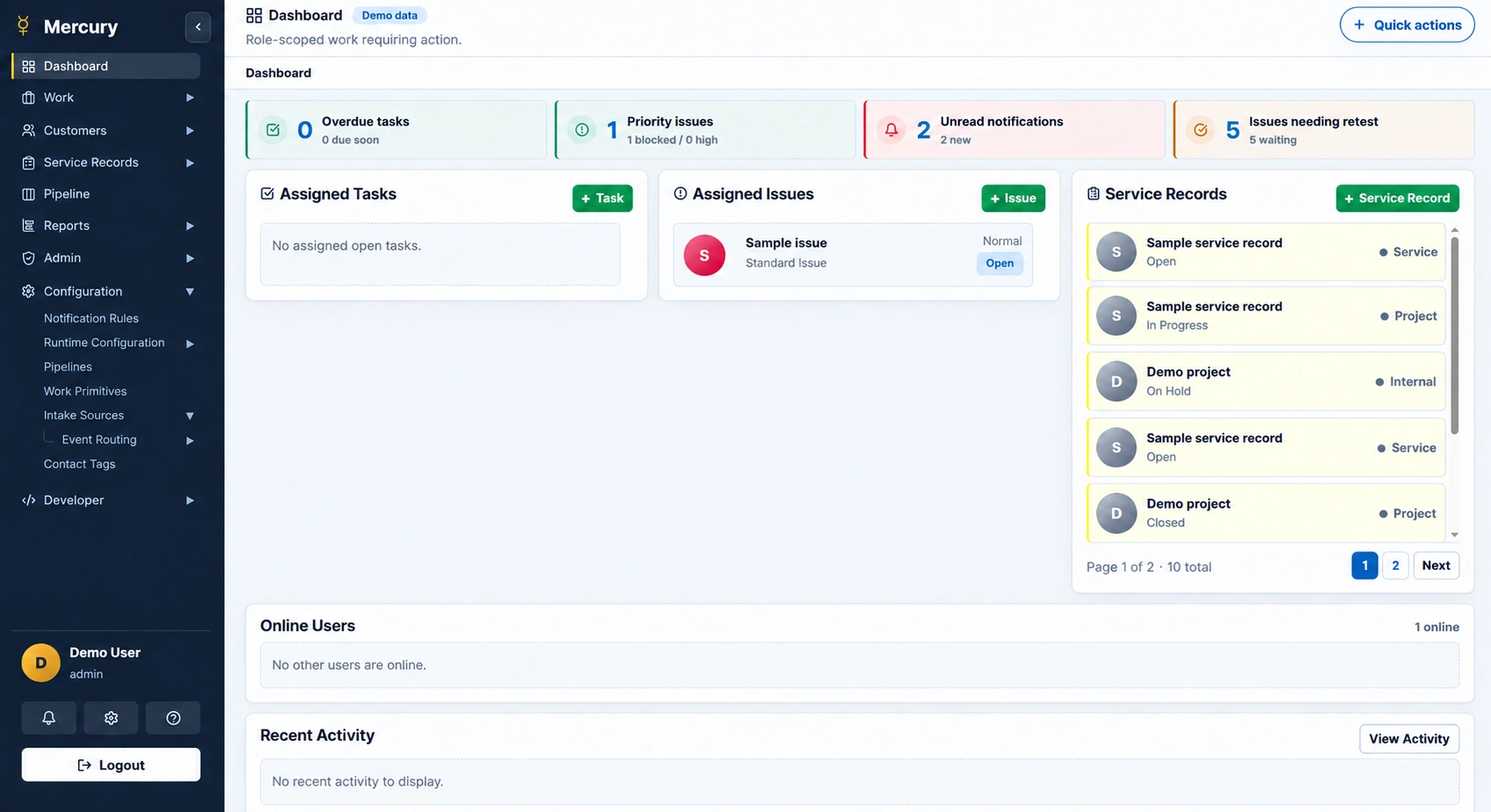 Sanitized Mercury dashboard showing work, issues, and service records